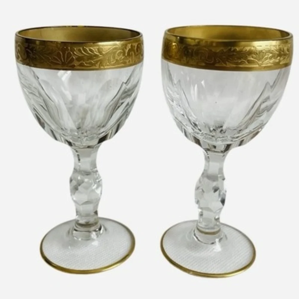 Pair Vintage Bohemian Gold Encrusted Cut Crystal Shot Glasses 4.25